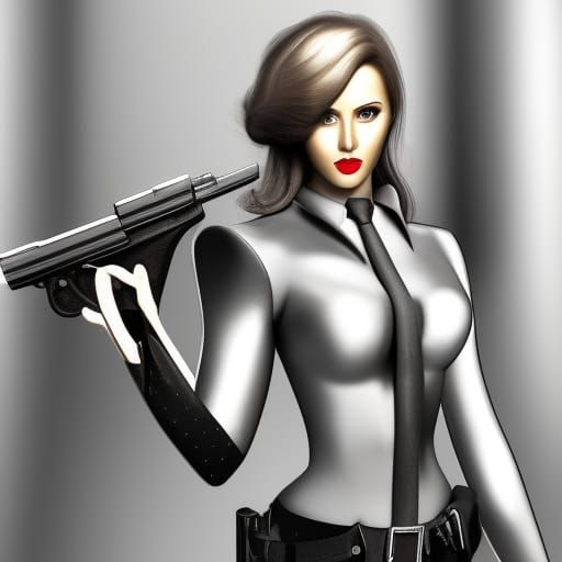 Fantasy Female Spy Agent with Gun in Silver