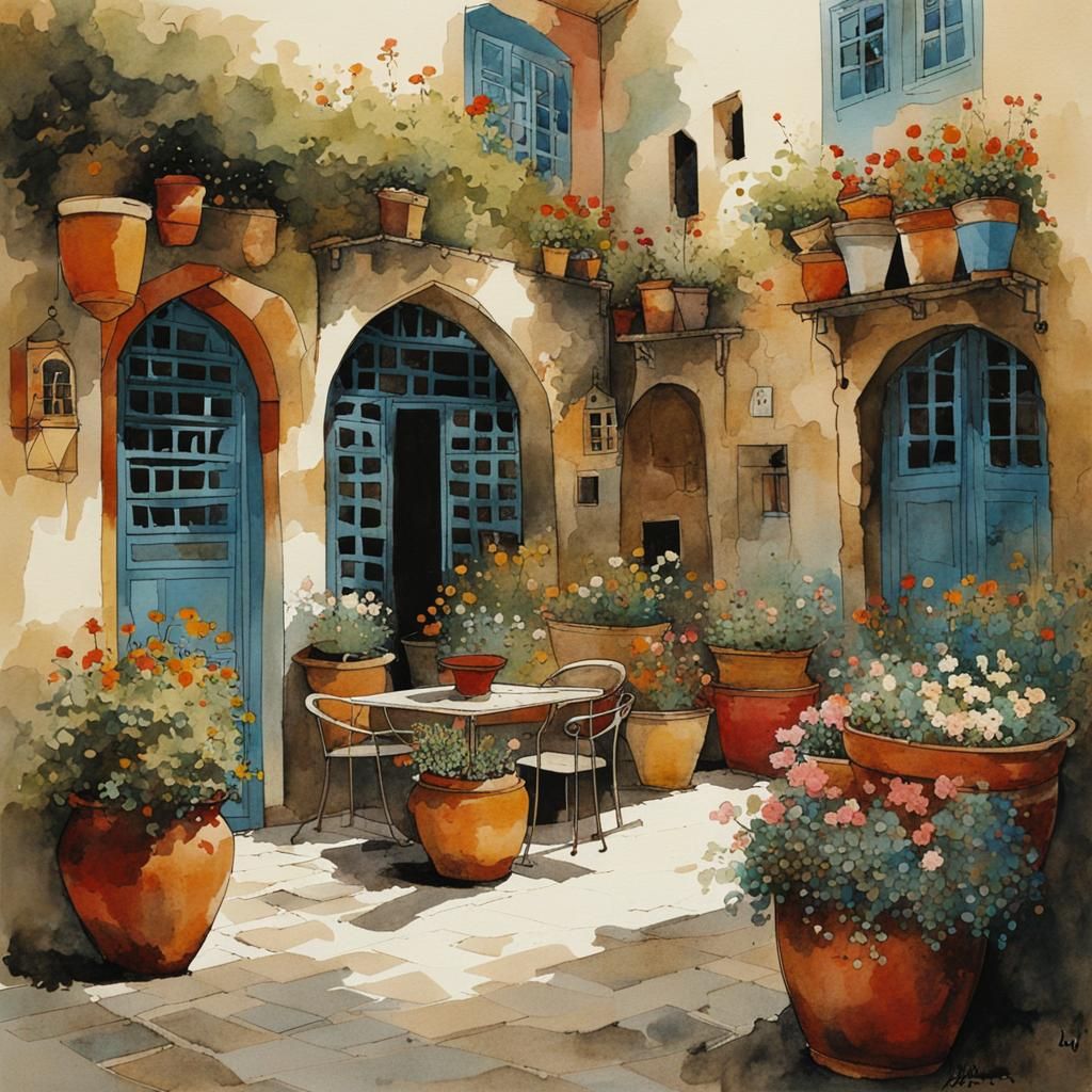 Arabic Courtyard with Flower Pots Illustration