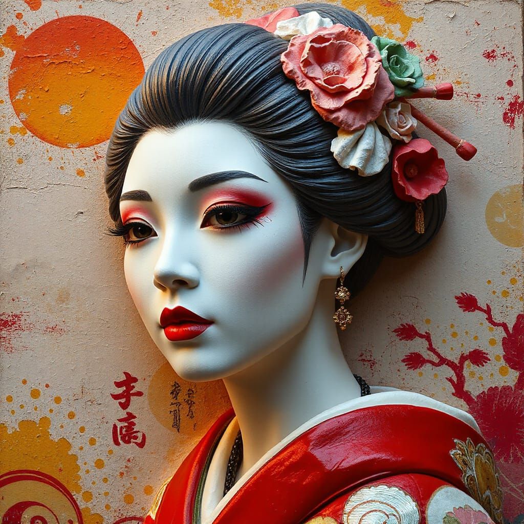 Geisha in Vibrant, Hand-Painted Plaster Style