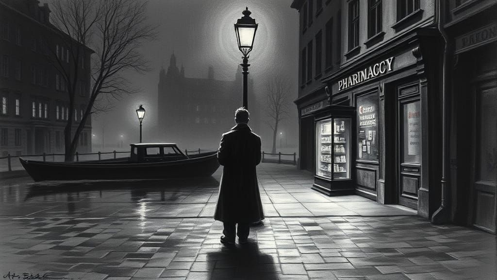 Night Street Scene in Charcoal Drawing Style