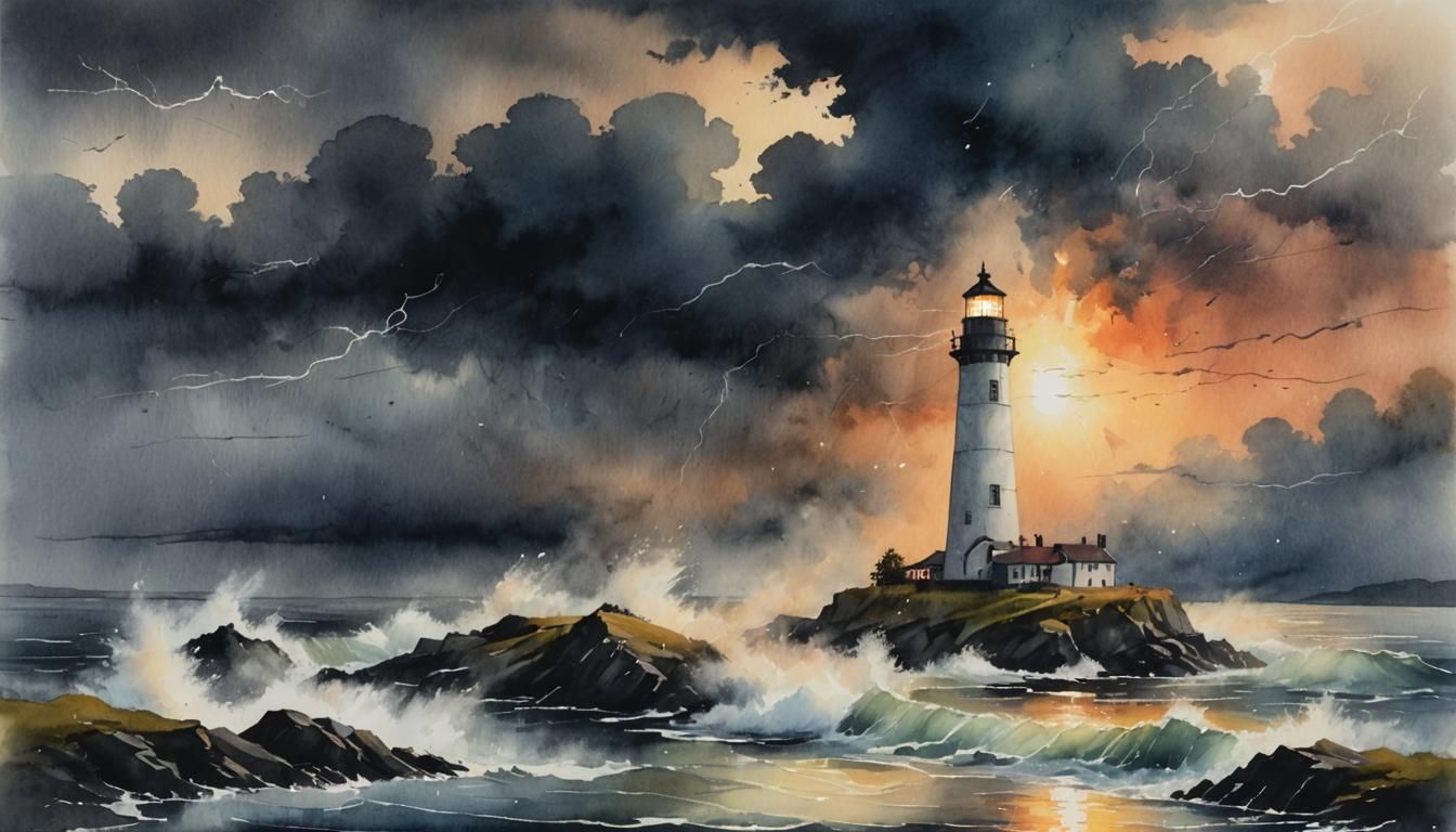 Lighthouse in Thunderstorm: Watercolour Painting