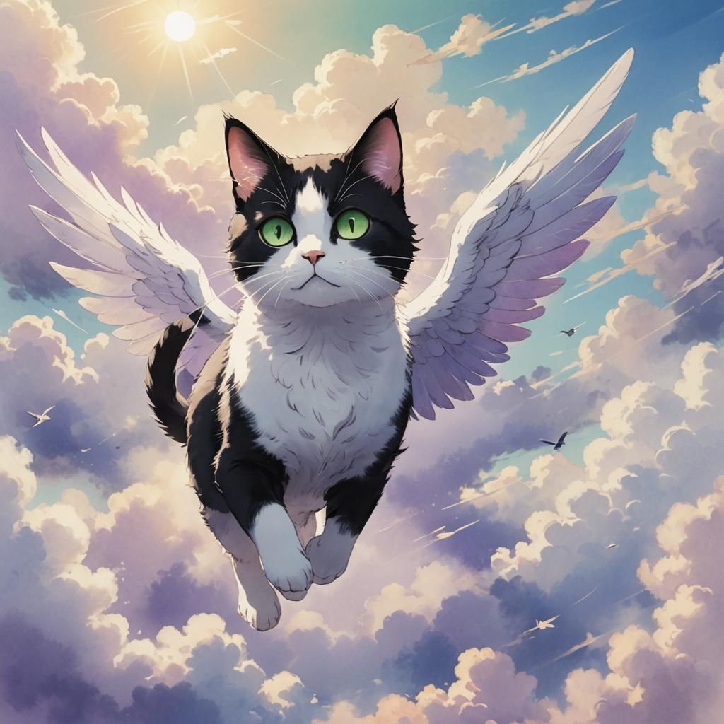 Anime Cat Flies Through Pastel Clouds