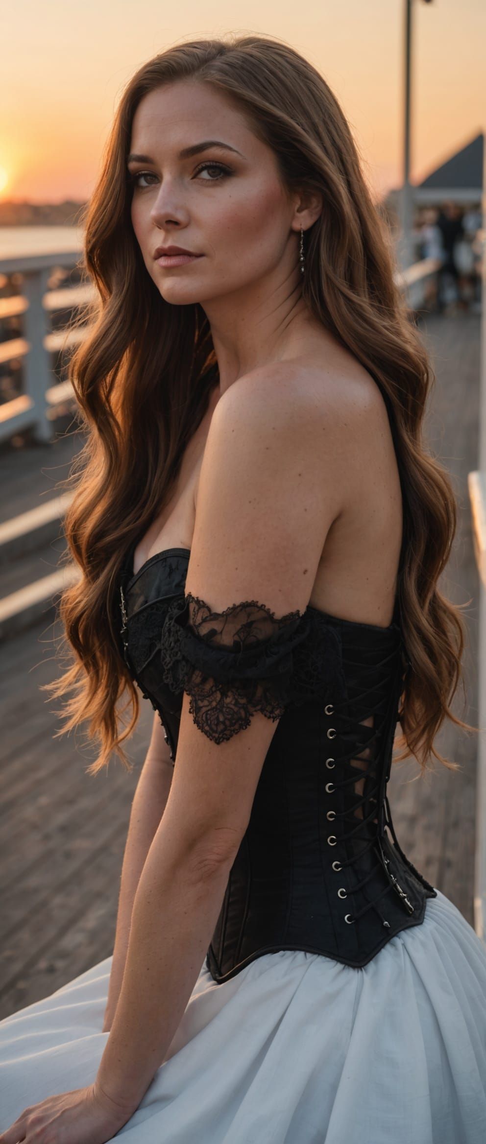 Woman in Corset at Sunset on Boardwalk