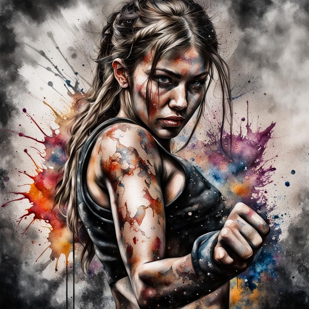 Empowering Female Warrior in Watercolour Graffiti Art