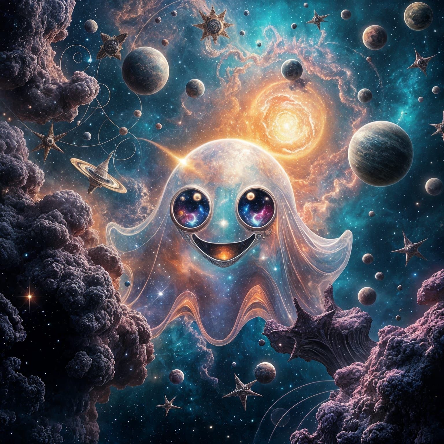 Happy Ghost in Colorful Outer Space
