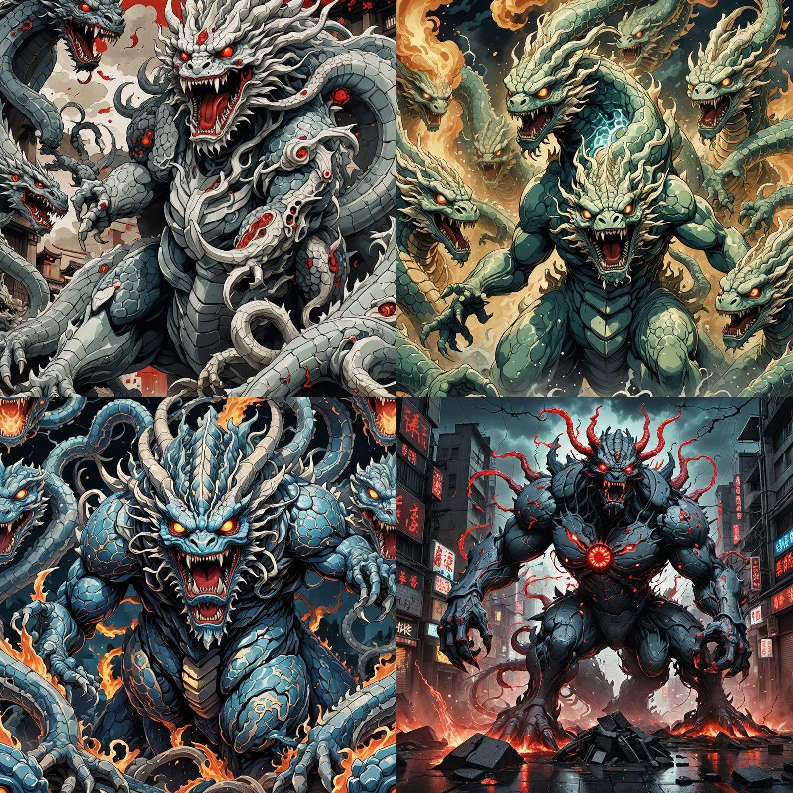 Demonic Porcelain Golem Hydra in Anime Style