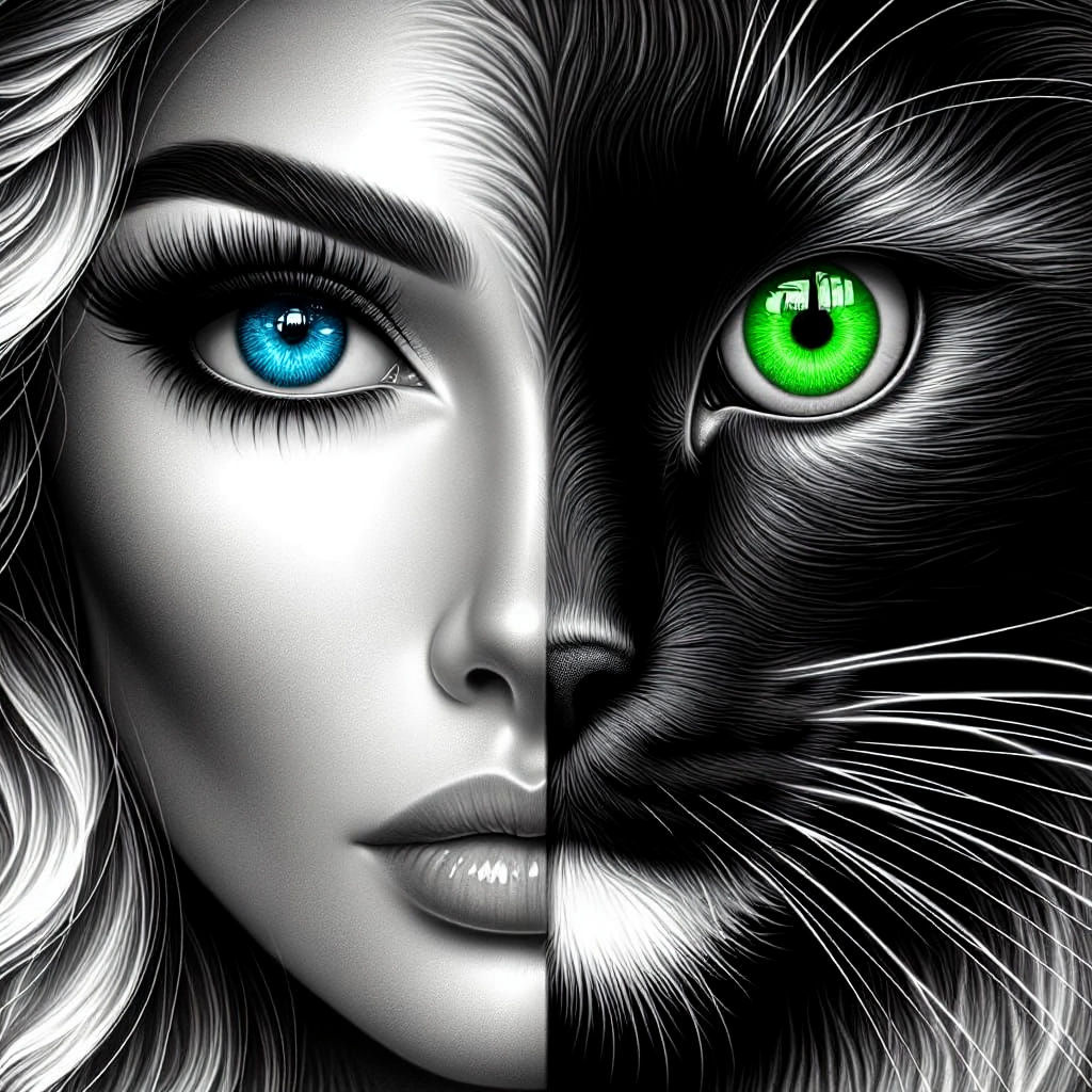 Surreal Woman and Cat Face Digital Art