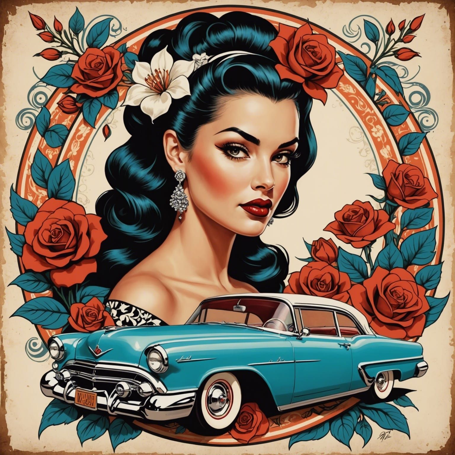 Rockabilly Pin-Up in Lowrider Art Style