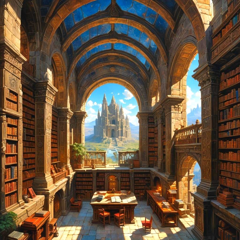 Infinite Ancient Library in Oil Painting Style