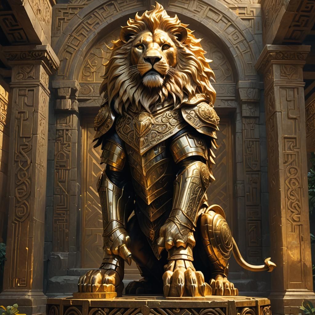 Golden Armored Lion Guarding Artifact in Maze