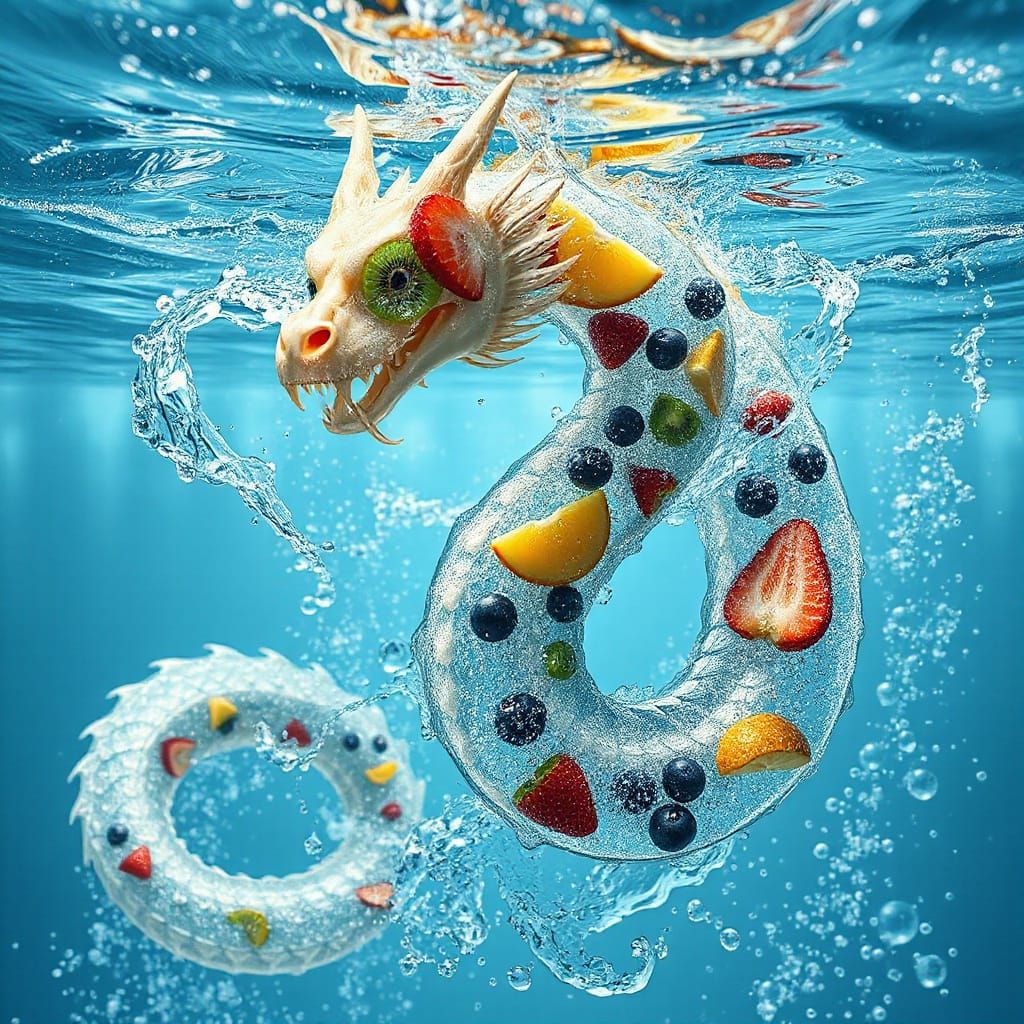 Water Dragon Emerges from Effervescent Fruit-Filled Sea