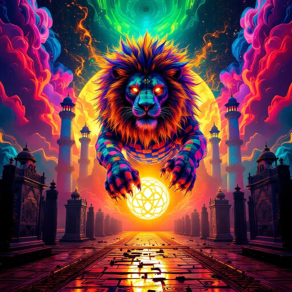 Majestic Lion Warlord in Vibrant, Dreamlike Taj Mahal Graffi...