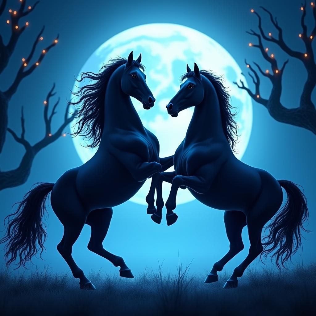Black Horses Dancing in Blue Moonlight: Fantasy Art