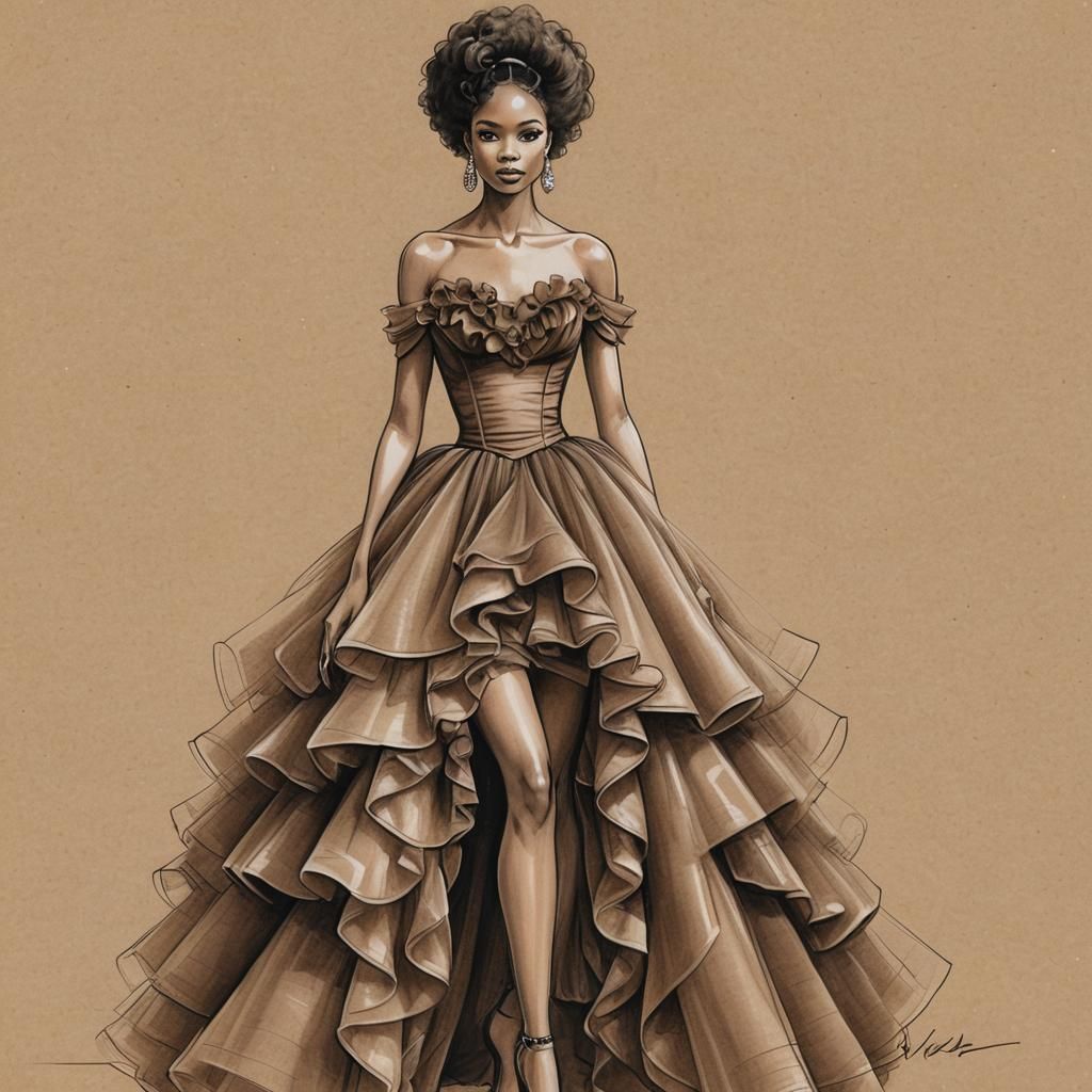 Pencil Sketch of Fashion Model in Ball-Gown