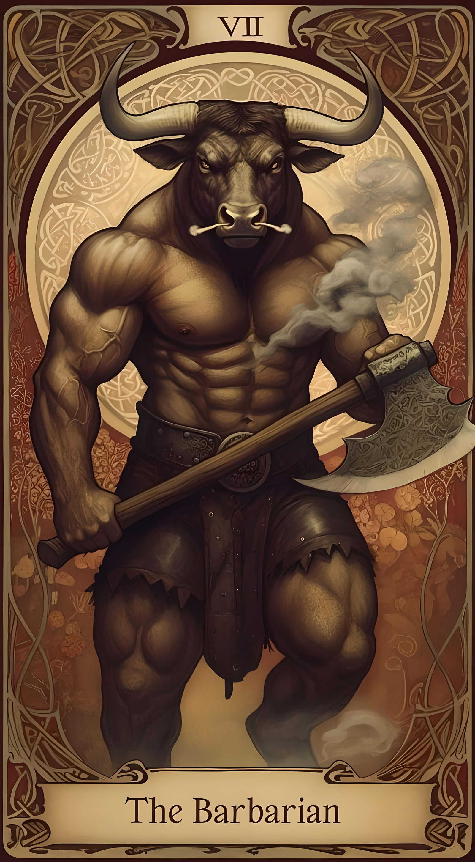 Art Nouveau Tarot Card: The Barbarian Minotaur