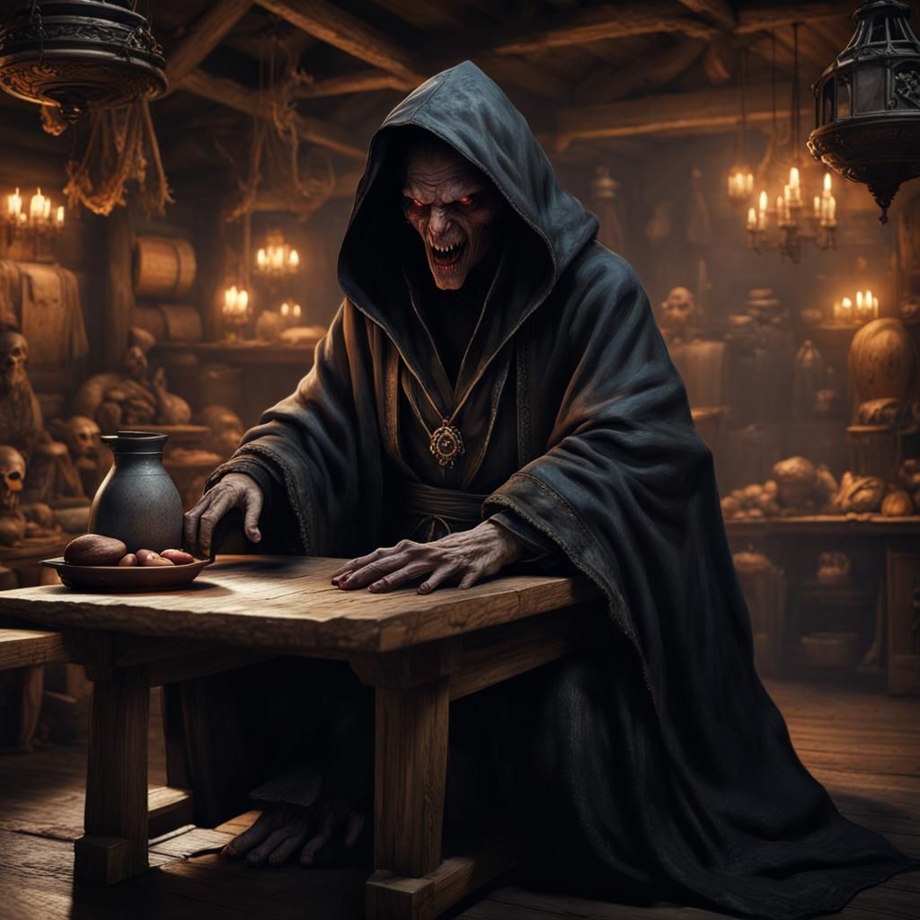 Demon in Black Robe Sits in Marketplace