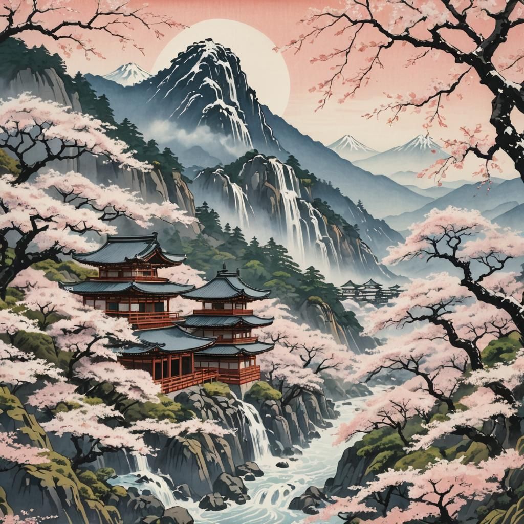 Nachi Falls Temple in Ukiyo-e Style