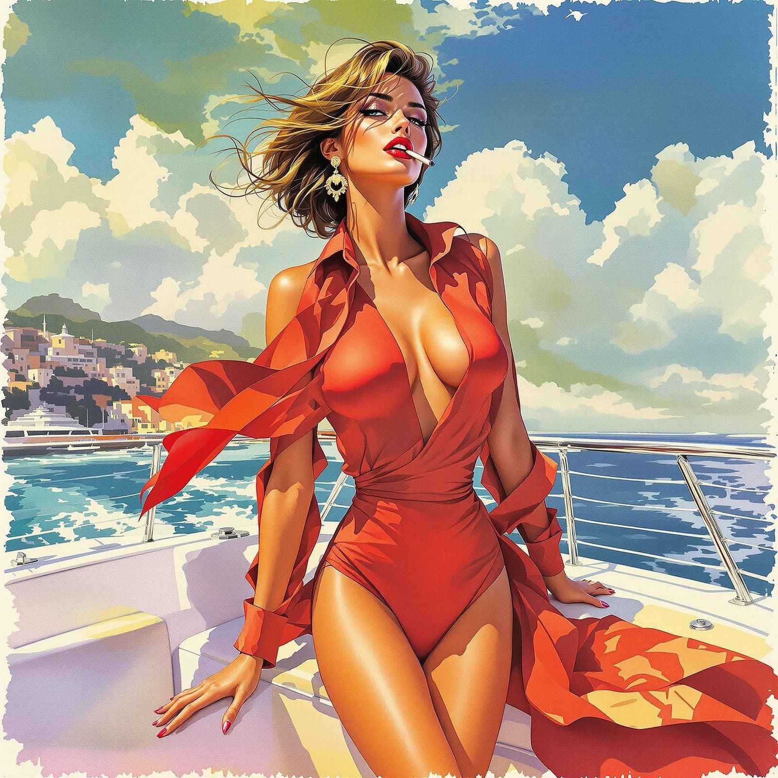 Glamorous Woman on Yacht Deck in Pulp Style
