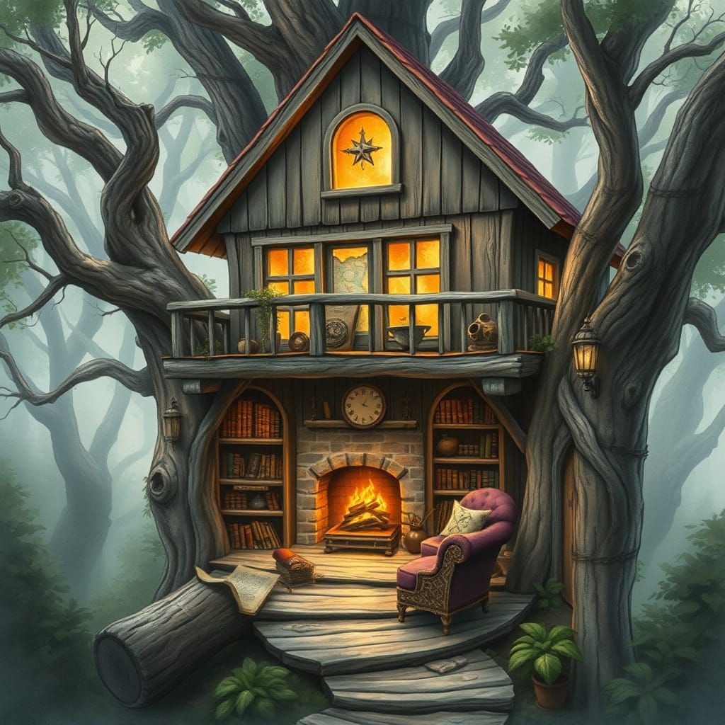 Whimsical Treehouse Sanctuary in Mysterious Forest