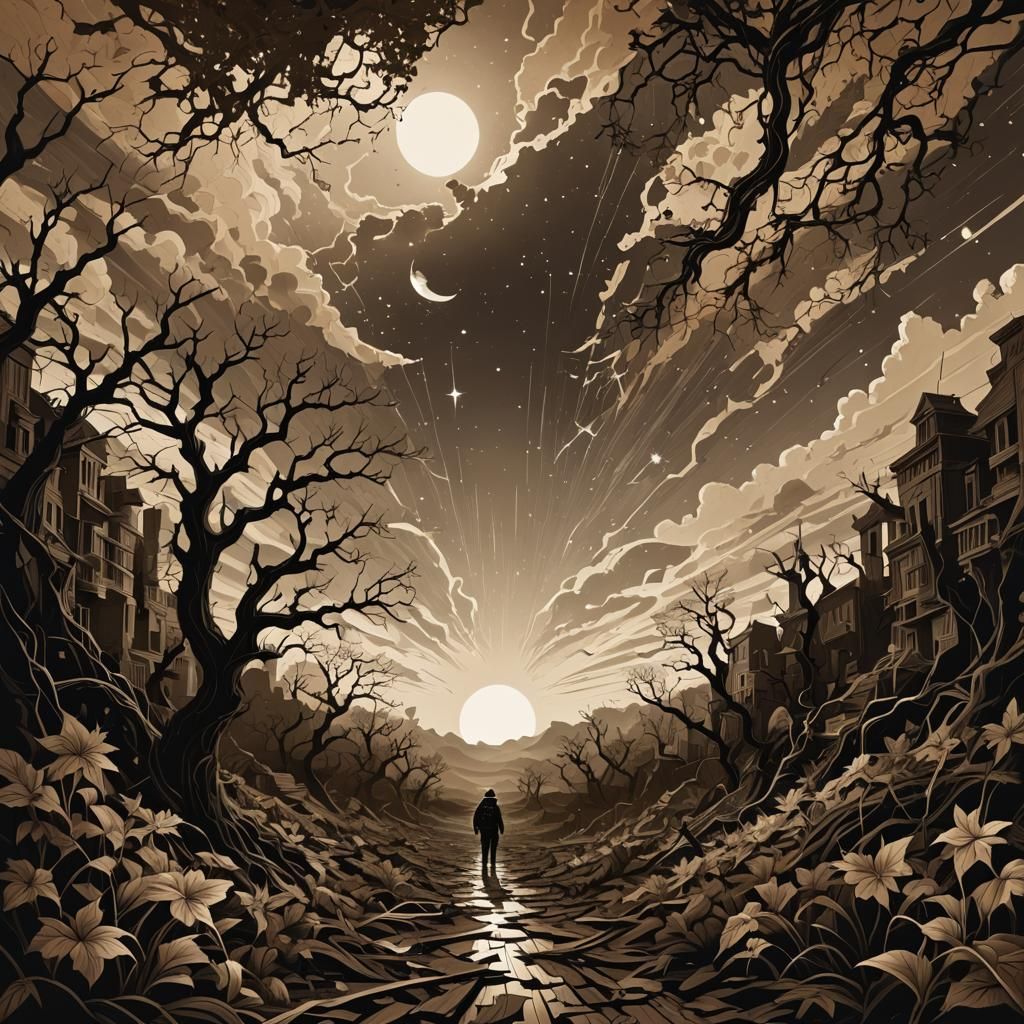 Apocalyptic Marquetry: Split Image in Sepia and Monochrome