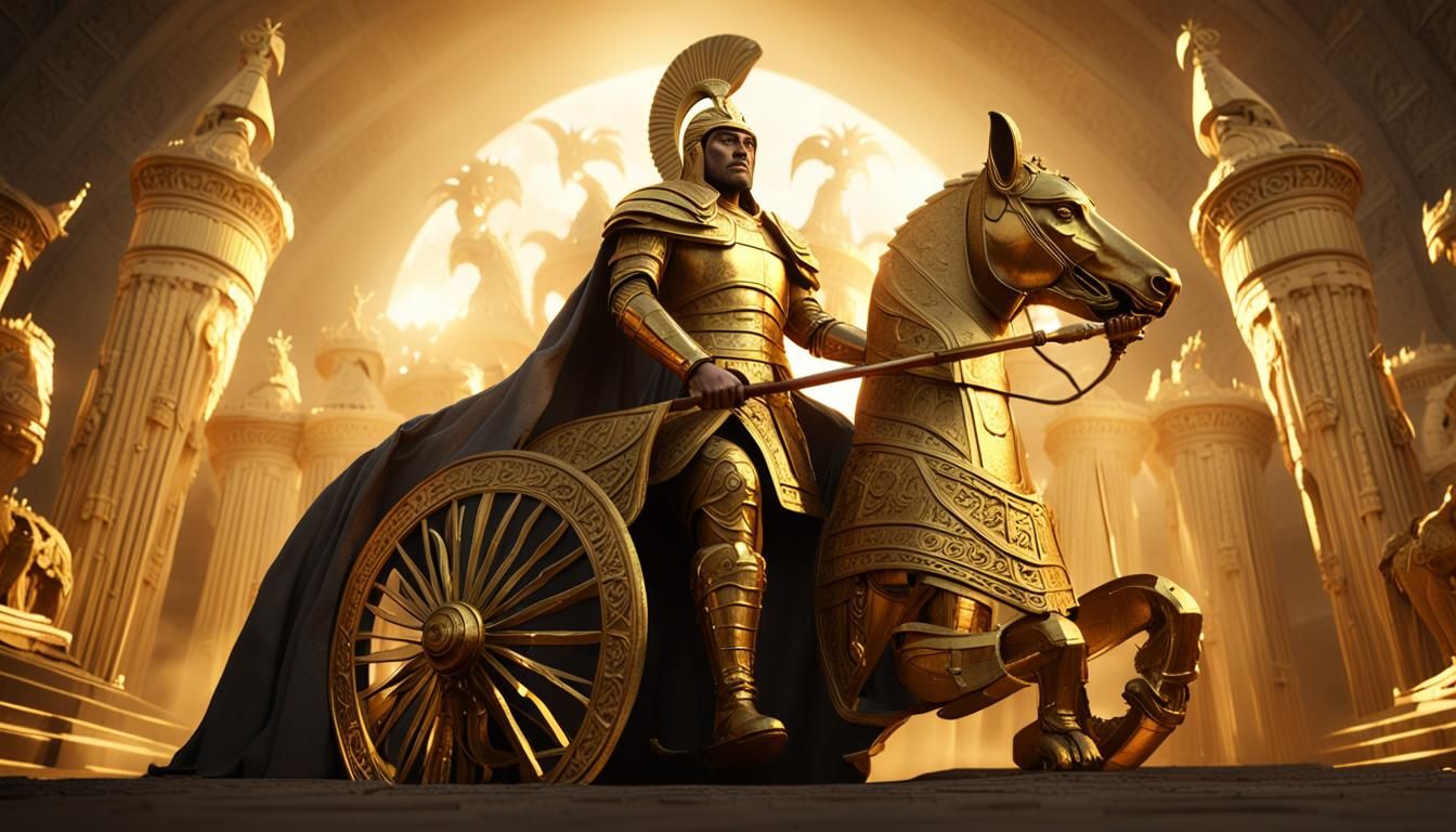 Golden Charioteer with Sphinxes in 3D Rendering
