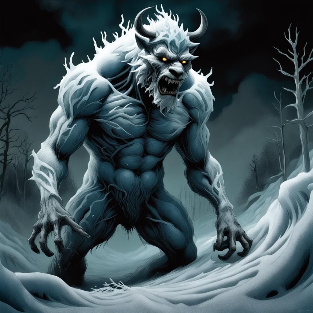 Vaporwave/ film noir; storybook illustration;
Beast of (frost:1.3) in evil form.
 Art style by Eduardo Risso/Dave McKean...