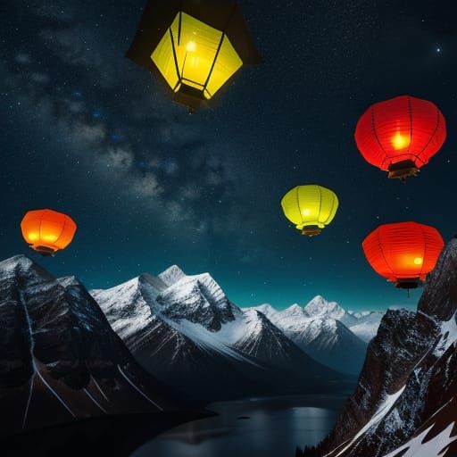 Lanterns Float Over Misty Mountain Range at Night