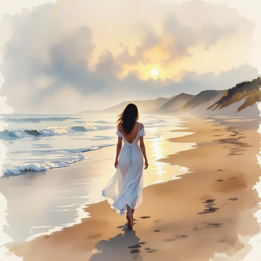 Woman on Misty Beach at Sunrise in Impressionist Style