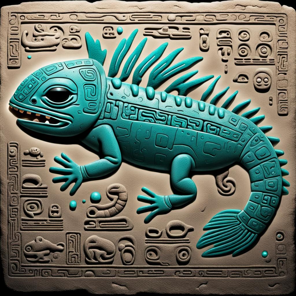 Bioluminescent Axolotl in Mayan Hieroglyphs