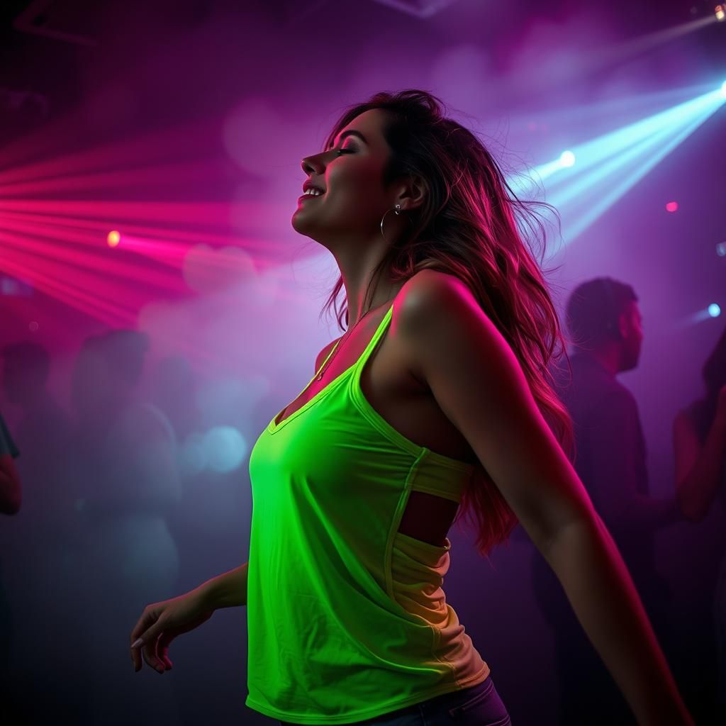 Woman Dancing in Club with Neon Lights