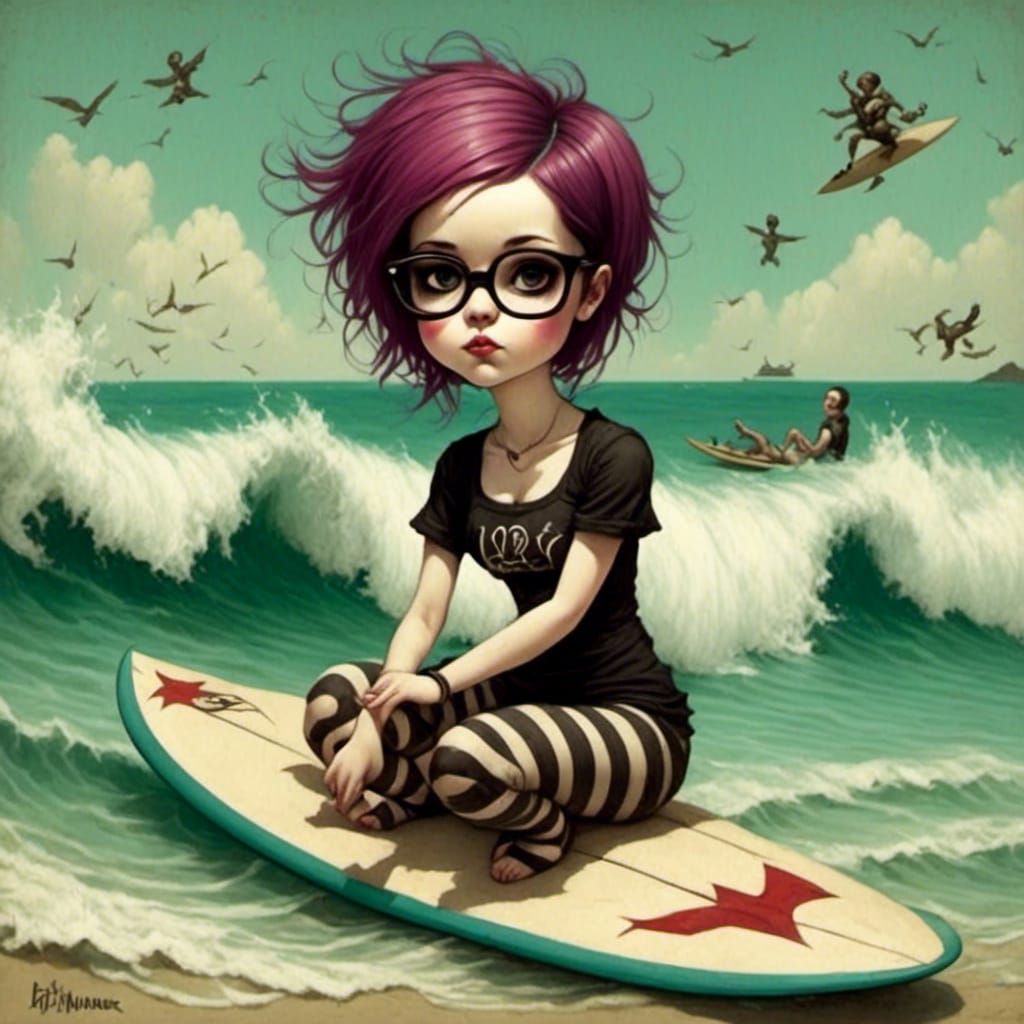 Goth Emo Girl Surfing in Surreal Style