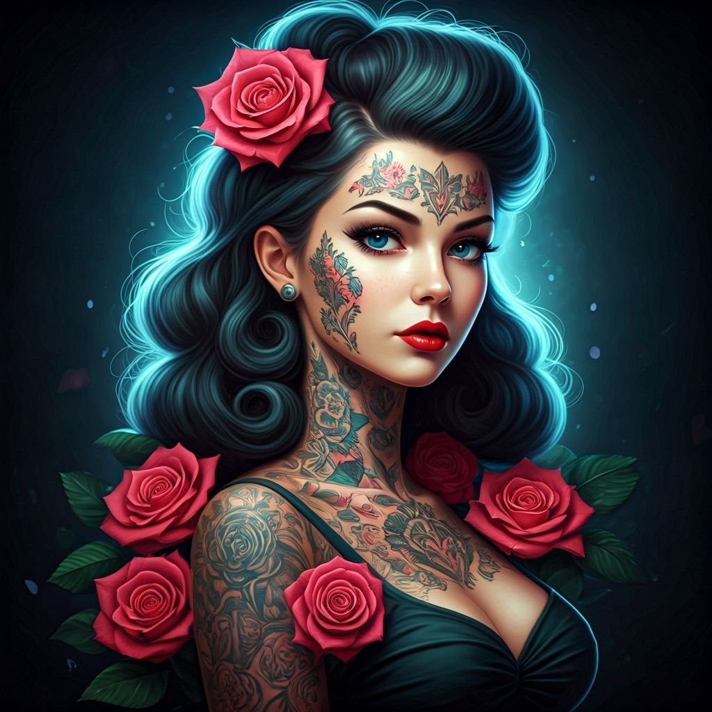 Tattooed Pinup Girl With Ethereal Roses in Splash Art Style