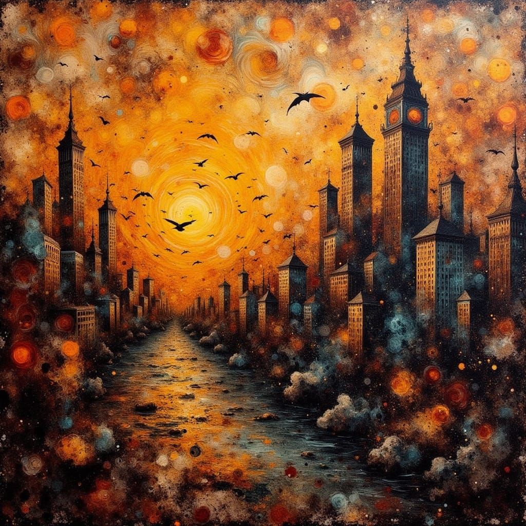 Surreal Cityscape at Sunset in Earthy, Worn Tones