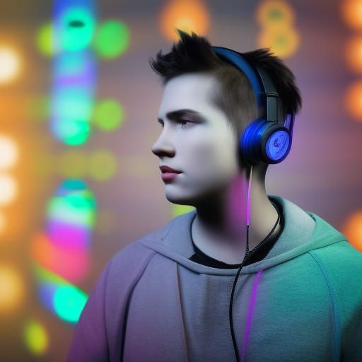 Nonbinary Person Listening to Music with Sound Waves
