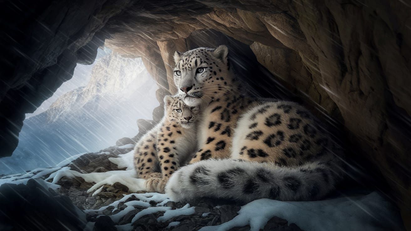 Snow Leopard Mother and Cub in Cozy Cave