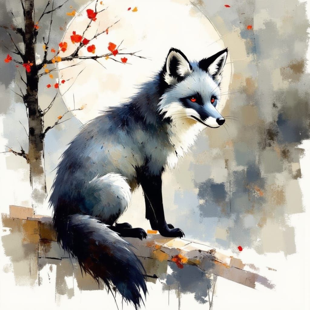 Moonlit Silver Fox in Traditional Japanese Art