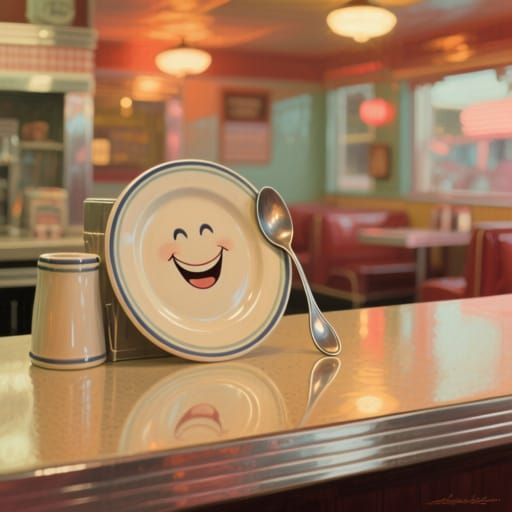 Classic Diner Plate and Spoon Holding Hands as Painting