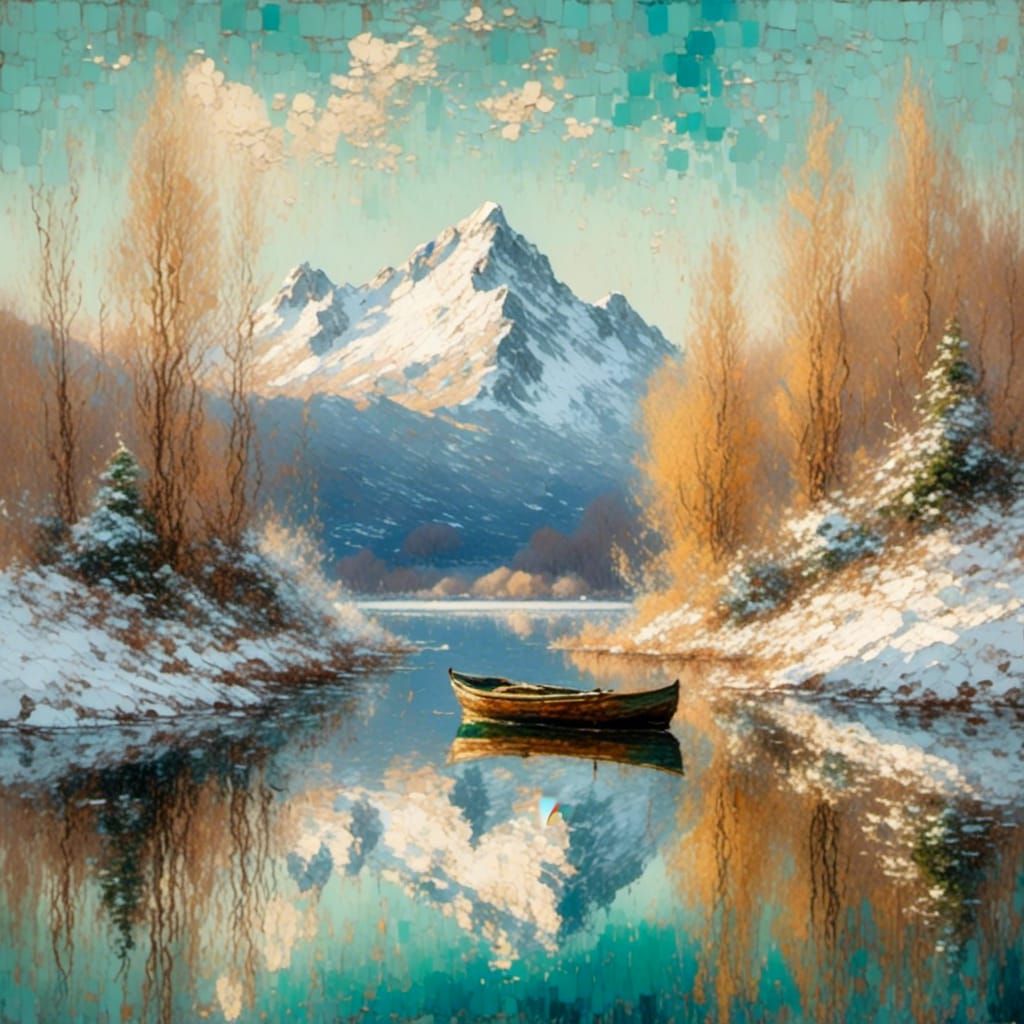 Impressionist Lake Scene with Boat Reflection