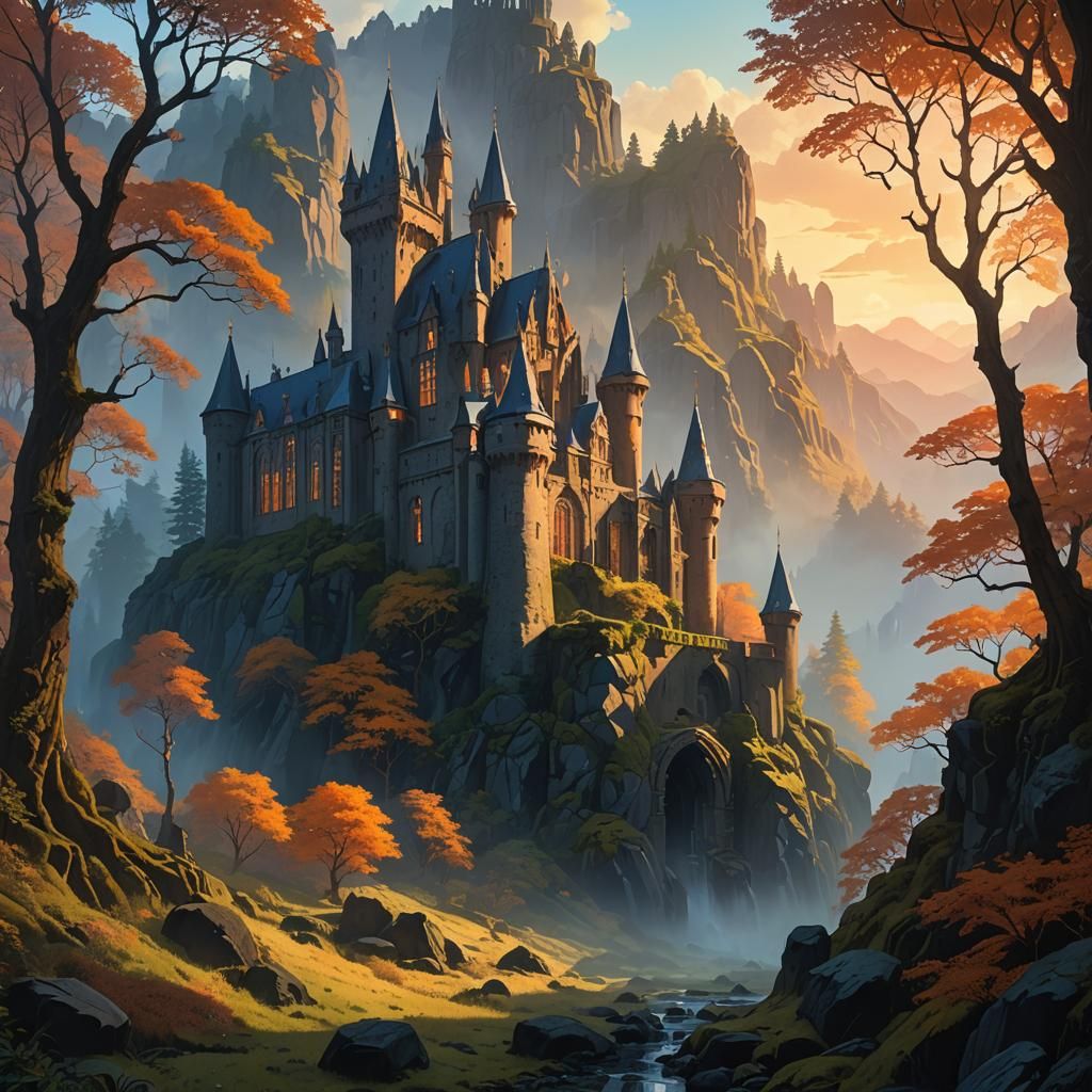 Misty Valley Castle in Style of Syd Mead