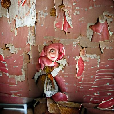 Abandoned Dollhouse with Peeling Rose Wallpaper