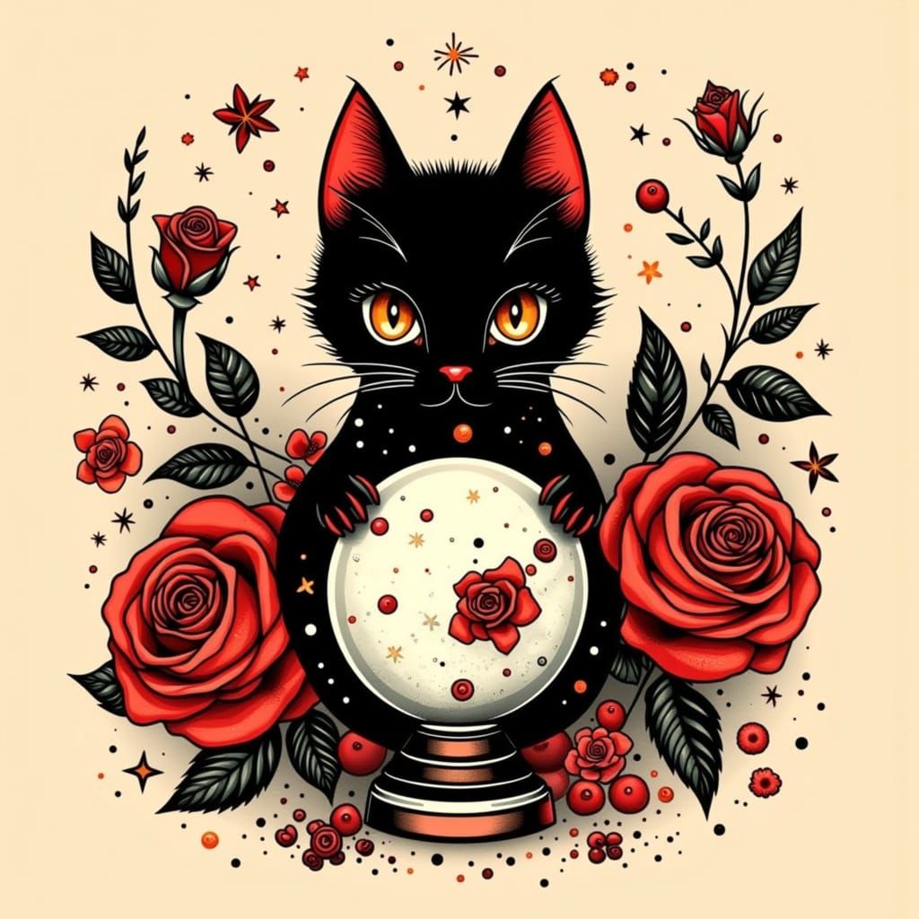 Neo-Traditional Black Cat with Orange Eyes & Crystal Ball