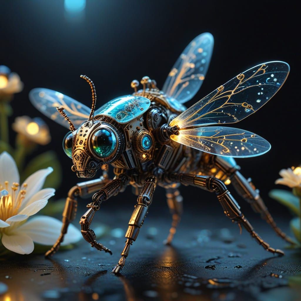 Steampunk Insect Robot on a Delicate Flower Petal