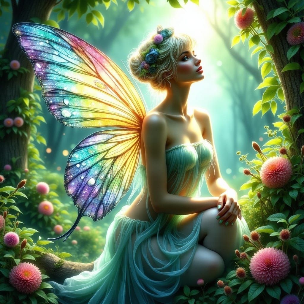 A Serene Faerie on a Majestic Butterfly in a Vibrant Garden...