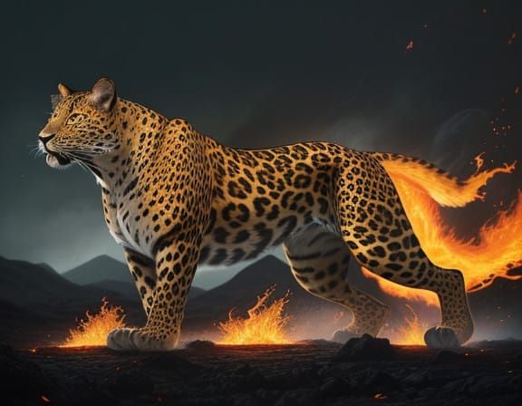 Sleek Leopard Runs Across Fiery Landscape in Hyperrealistic....