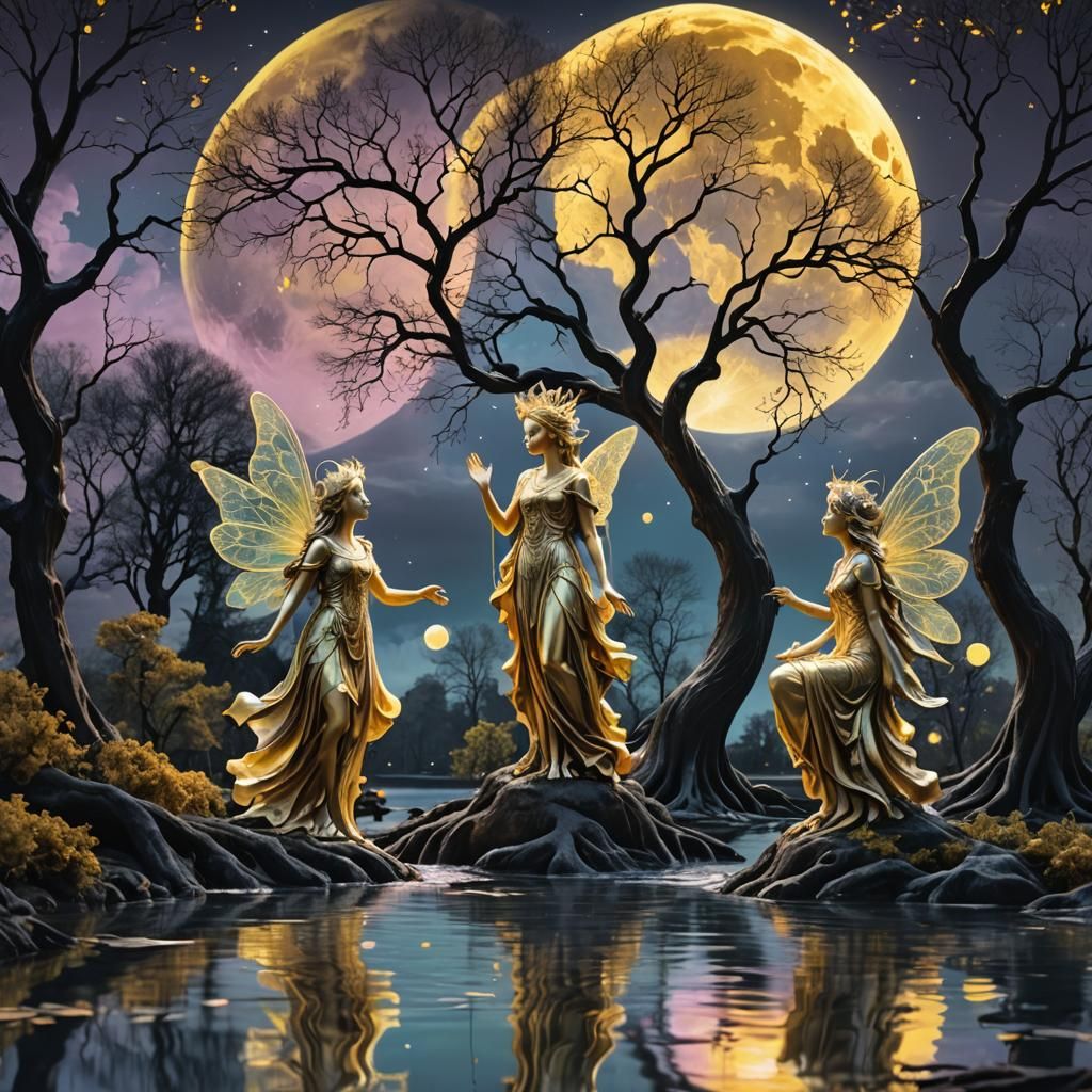 Cosmic Fairies Under a Giant Moon: Fantasy Art
