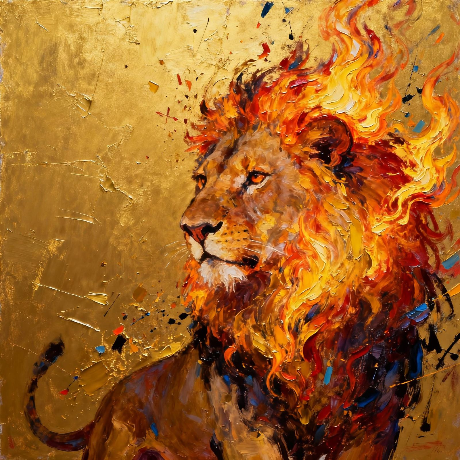 Golden Paint Forms Fiery Lion on Canvas