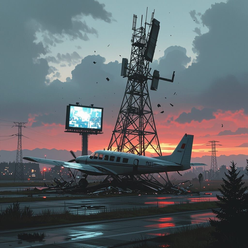 Plane Crash into TV Tower in Dystopian Style