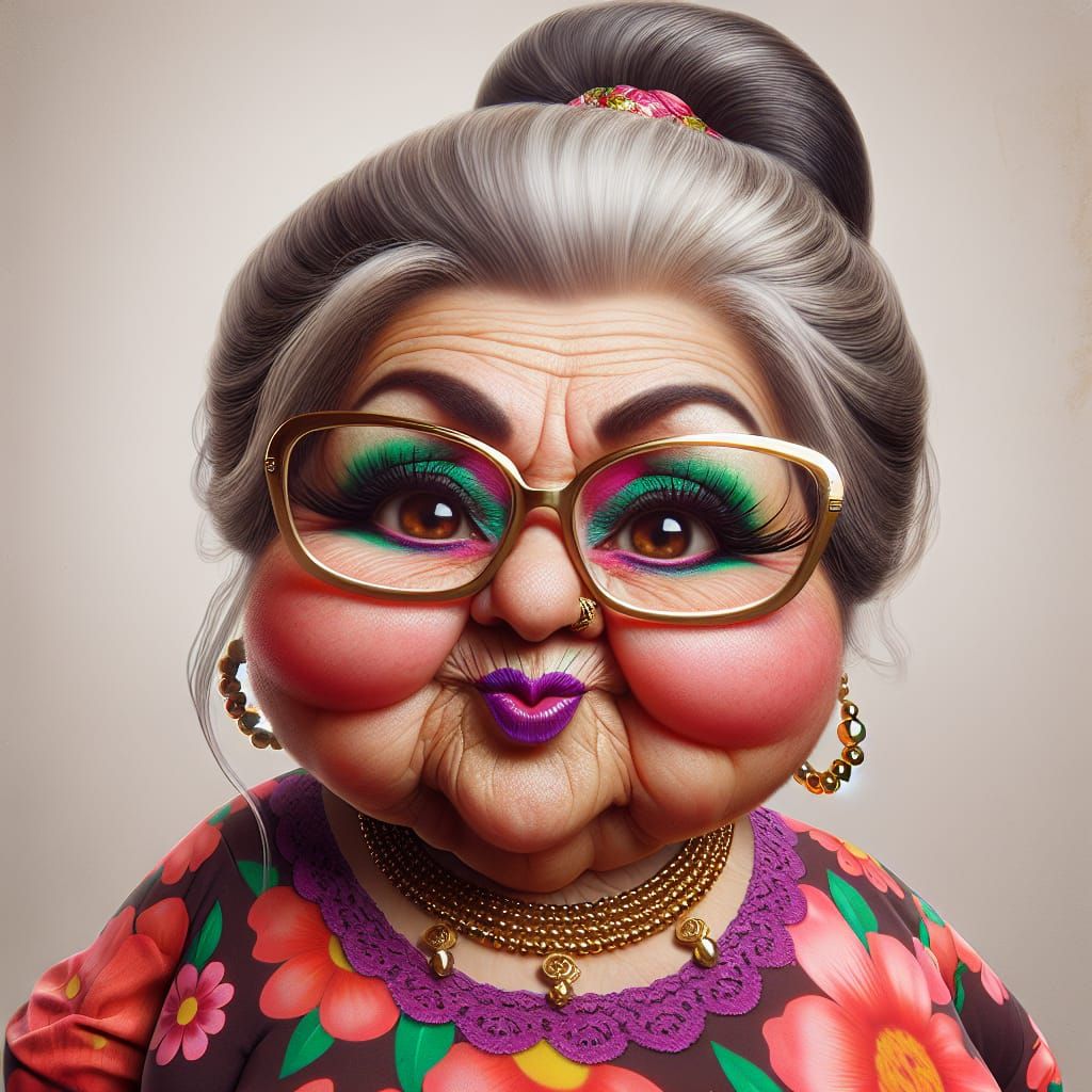 Humorous Caricature of a Flamboyant Elderly Lady