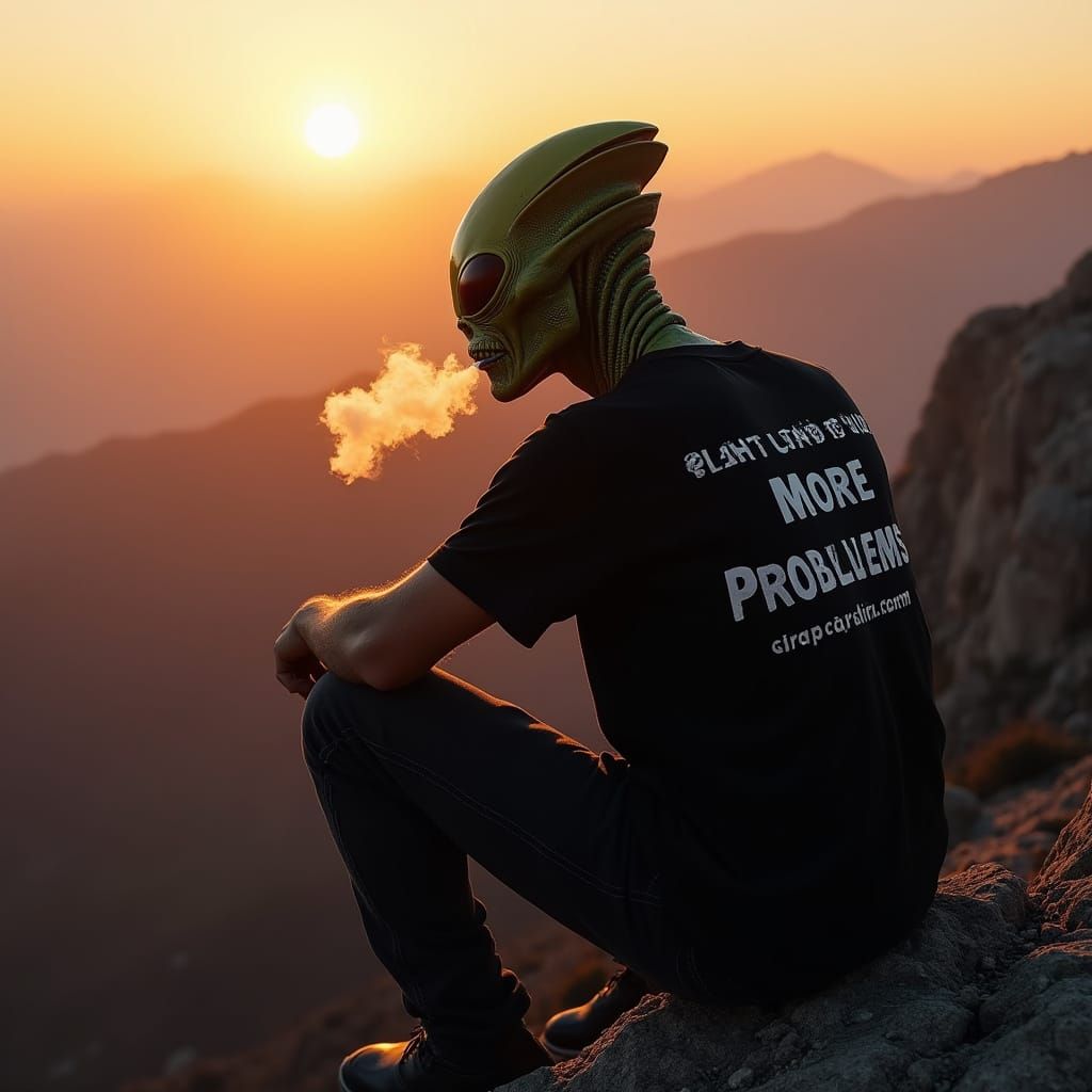Alien Chilling on Mountain at Sunset: Gritty Realism