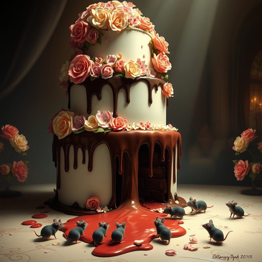 Melting Wedding Cake with Mice, Whimsical Fantasy Art